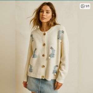 Cream Cardigan with Blue Bunny Design